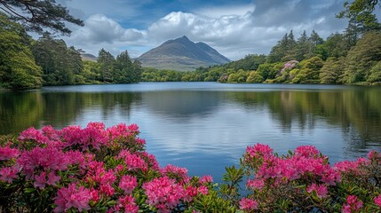 Serene Mountain Lake with Pink Azaleas
