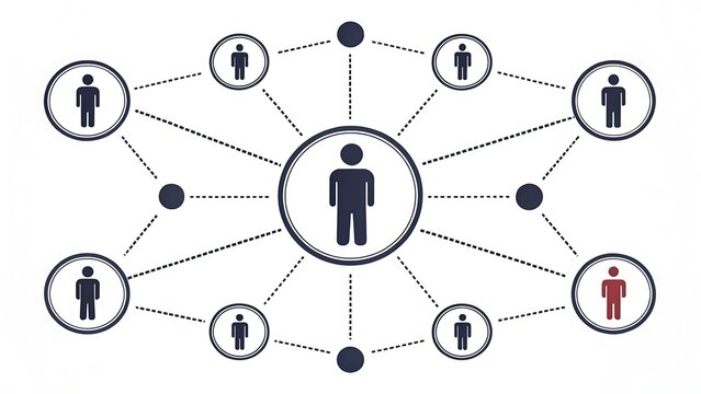 Abstract illustration of a central figure connected to a network of diverse individuals symbolizing social connections community and interconnectedness in a digital age