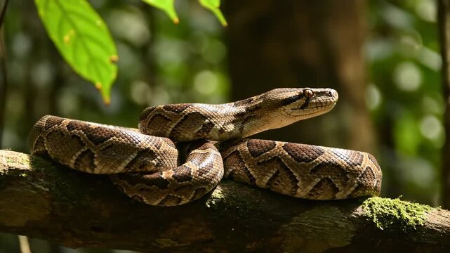 Python snake rests on tree branch illuminated by natural light. Surrounded by vibrant green leaves, creating serene jungle scene