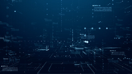 Futuristic digital matrix interface with floating data, binary code, and glowing tech elements. Ideal for cyber, AI, and data visualization concepts. Technology digital data background. 3d Rendering
