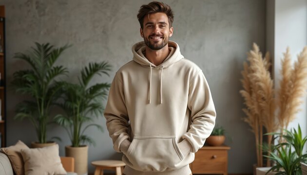 Man smiles wearing neutral beige hoodie indoors. Casual comfy outfit in modern minimalist living room with plants. Relaxed style, everyday wear, home atmosphere, comfortable leisure.