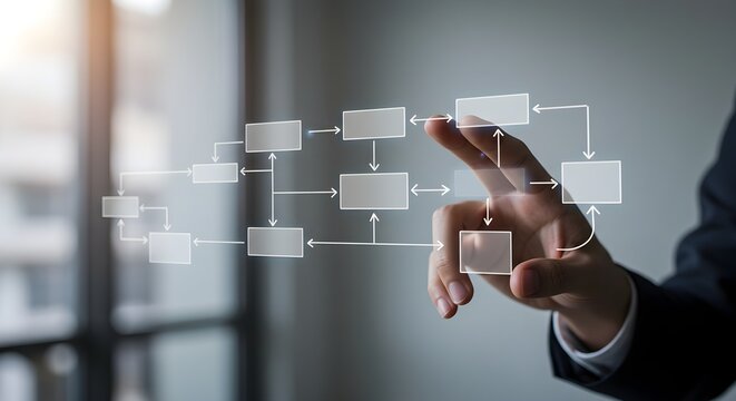 Business professional engaging with a futuristic holographic flowchart, visualizing complex data and optimizing strategic processes to drive operational efficiency and growth