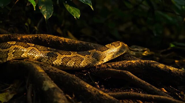Golden python moves purposefully across roots in dense jungle environment. Natural light filters through leaves creating dramatic shadows