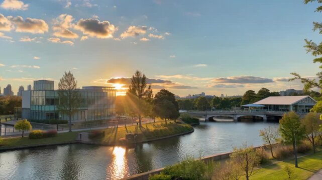 araful view of a river with a bridge and buildings in the background