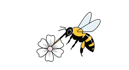 Cartoon Bee Hovering Near White Flower Pollinating.