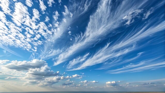Dramatic wispy cirrus clouds stretch across a vibrant blue sky creating an ethereal and dynamic atmospheric landscape - Powered by Adobe