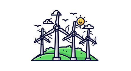 Cartoon Wind Turbines Generating Clean Energy on Green Hill.