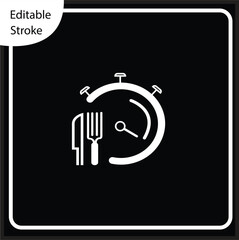 Minimalist outline icon symbolizing meal timing or quick food delivery, combining a stopwatch with a fork and knife. The white line on a black background is ideal for dark mode user interfaces.