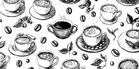Seamless coffee pattern. Hand-drawn sketch illustration of coffee cups, beans, and leaves on a light background. Vintage coffee shop design, elegant café wallpaper, textile or packaging pattern. Retro