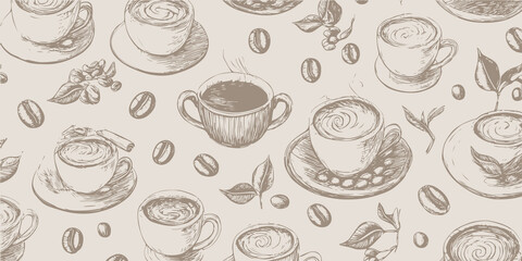Seamless coffee pattern. Hand-drawn sketch illustration of coffee cups, beans, and leaves on a light background. Vintage coffee shop design, elegant café wallpaper, textile or packaging pattern. Retro