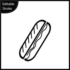 Minimalist outline icon depicting a classic hot dog in a split bun, complete with zigzagging mustard or sauce. The clean line art and editable stroke make it excellent for fast food restaurant menus.