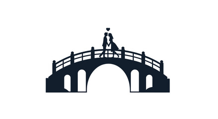 Silhouette of a couple embracing on a decorative arched bridge with a heart above.