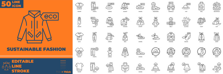 Naklejka premium Sustainable Fashion Line editable icon set. Contain icons related to sustainable, fashion, eco, green, and more