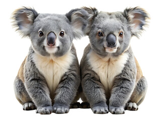 Fototapeta premium Two adorable baby koalas wearing matching outfits sitting together side-by-side detailed studio portrait