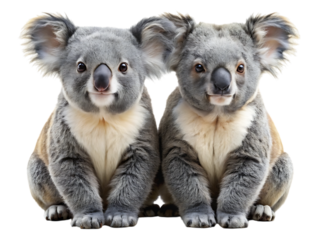 Two adorable baby koalas wearing matching outfits sitting together side-by-side detailed studio portrait