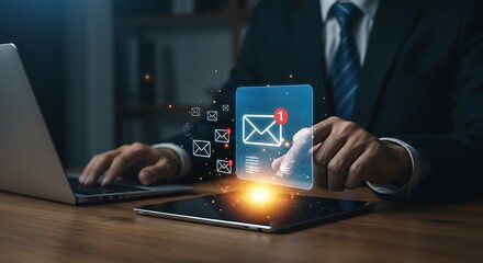 A man receives a new email notification. Businessman in an office managing his inbox on a futuristic display showing a new message alert