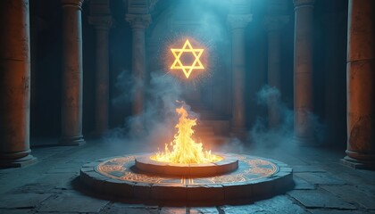 Glowing star symbol hovers above fire on altar amid stone columns in mysterious temple. Geometric signs decorate round stone altar. Ritualistic place with mystic flame, smoke. Spirituality concept.