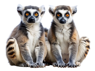 Fototapeta premium Two ring-tailed lemurs sit together showing detailed fur patterns and expressive eyes isolated