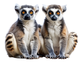 Two ring-tailed lemurs sit together showing detailed fur patterns and expressive eyes isolated