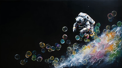An astronaut floating in a colorful cosmic scene filled with vibrant nebulas and bubbles © Pickoloh