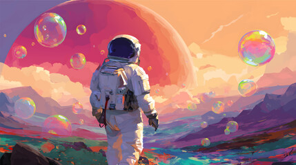 An astronaut floating in a colorful cosmic scene filled with vibrant nebulas and bubbles © Pickoloh