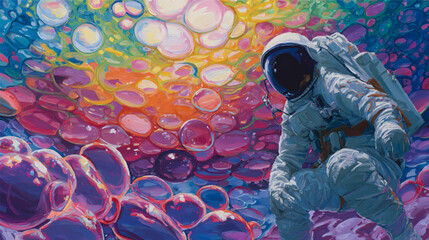An astronaut floating in a colorful cosmic scene filled with vibrant nebulas and bubbles © Pickoloh