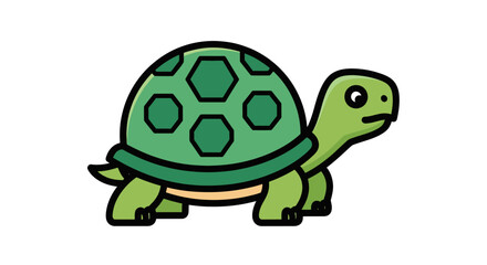 A cute smiling green cartoon turtle with a dark green hexagonal patterned shell.