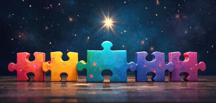 Connected colorful puzzle pieces form rainbow spectrum. Unique parts join together in unity against starry night sky. Symbolizes autism awareness and neurodiversity inclusion.