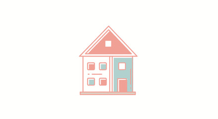 Minimalist line art illustration of a cute two-story duplex house in pastel pink and blue colors.