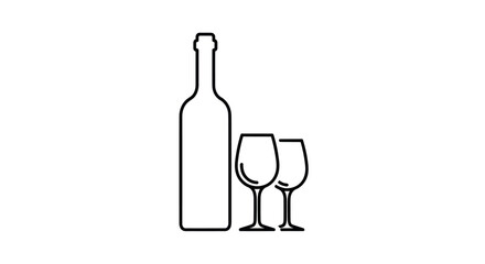 Wine Bottle and Two Glasses Outline Illustration.