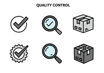 Quality Assurance Checkmarks, Magnifying Glasses, and Packaged Boxes Icon Set for Inspection and Standards