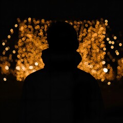 A solitary figure's dark silhouette stands in sharp contrast to a vibrant, bokeh-filled background of golden holiday lights, symbolizing introspection amidst celebration and urban beauty at night