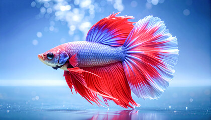 Colorful betta fish with flowing fins swimming underwater against a blue background