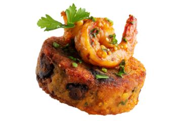 Gourmet shrimp atop polenta cake, garnished with herbs, isolated on white transparent background, concept of fine dining cuisine.