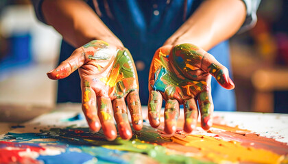 Hands covered in vibrant paint, showcasing artistic expression and creative mess