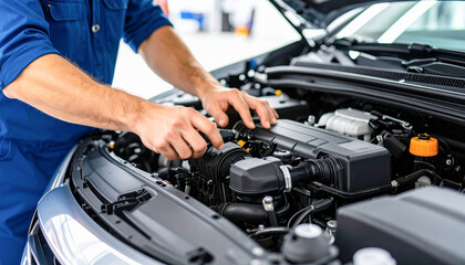 Mechanic performing car engine inspection and maintenance service