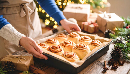 Woman holding baking tray with homemade holiday cinnamon rolls during Christmas season