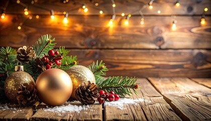 Festive Still Life with Gold Ornaments on Rustic Wood Background Christmas Celebration Holiday Decor with Sparkling String Lights Pine Branches and Red Berries