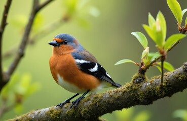 Male chaffinch bird rests on mossy tree branch in bright spring foliage. Small songbird with orange chest and blue head displays distinct wing markings. Avian fauna enjoys fresh green growth.