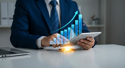 Businessman using a tablet with a holographic chart showing business growth. Concept of success, financial strategy, and modern technology investment