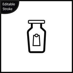 Minimalist outline icon depicting a small bottle, jar, or medical vial with a rounded cap and a rectangular label area. The simple line art and editable stroke make it excellent for pharmaceutical app