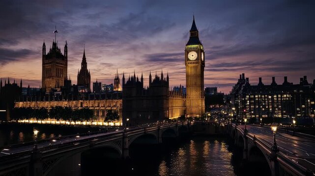 Illuminated clock tower and parliament buildings with bridges, reflecting in dark water at twilight