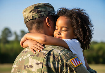 Patriotic African American soldier shares an emotional hug with his daughter after returning home from serving his country
