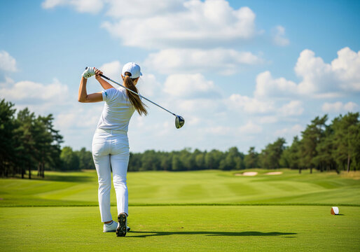 Golfer woman wearing a white sports outfit in the middle of her swing on a sunny day with a golf course background with green grass and palm trees.