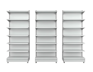 Three identical, empty, white shelves with multiple levels against a black backdrop