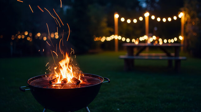 summer activities familly Evening Backyard BBQ Grill with String Lights
