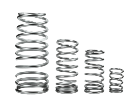 Four different sized, metallic springs, arranged from tallest to shortest on black