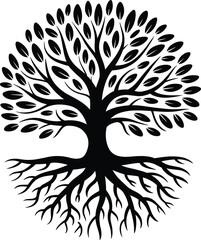Elegant black and white tree illustration with detailed branches and roots, minimalist nature design symbolizing growth,