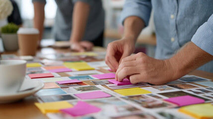 Obraz premium Creative team brainstorming with mood boards, thriving commerce in marketing ideas, market innovation through campaign generation, digital growth in design sessions, consumer trend