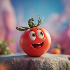 3D Cartoon Tomato Character with Smiling Face, Large Eyes, and Green Leaves Sitting on a Rock with Colourful Background. Healthy Lifestyle and Organic Concept Illustration, Copy Space.